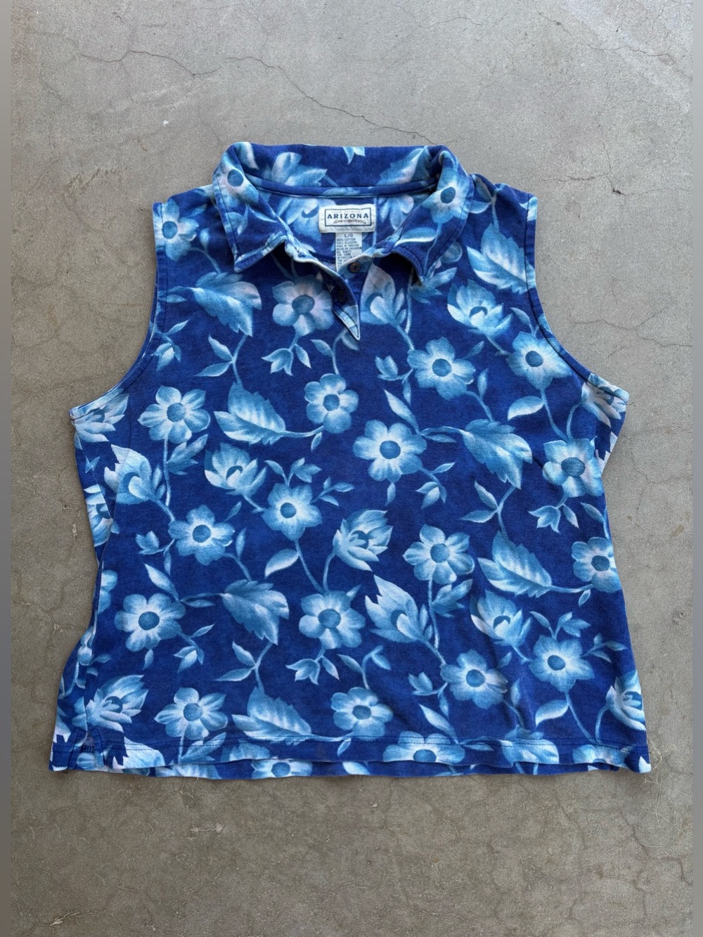 Arizona Jean Company Large Blue Floral Collared Tank 100% Cotton